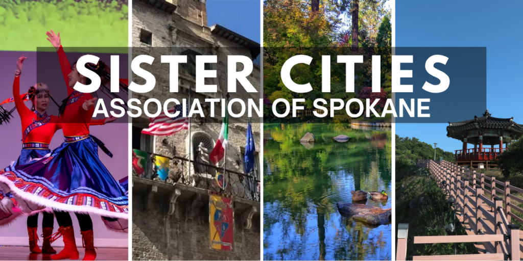 header photo showing a Chinese Lunar New Year event, a building with flags in Cagli Italy, the Japanese Garden in Spokane, WA and a beautiful countryside in Jecheon, South Korea.